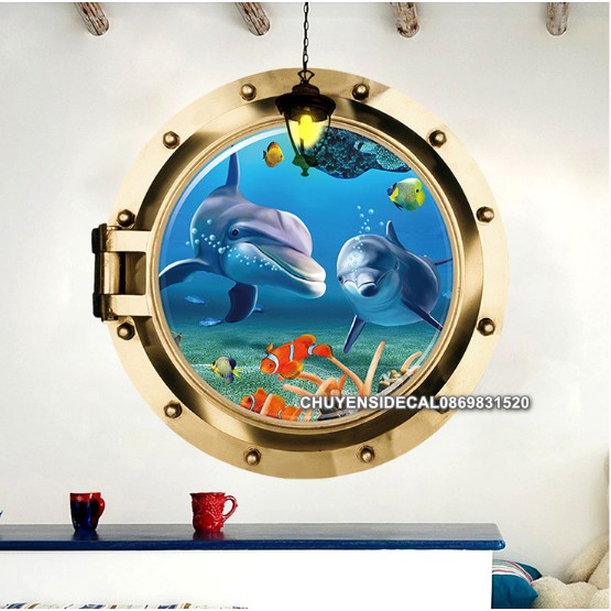 Decal trang trí tường - Cửa sổ tròn 3D Cá Heo