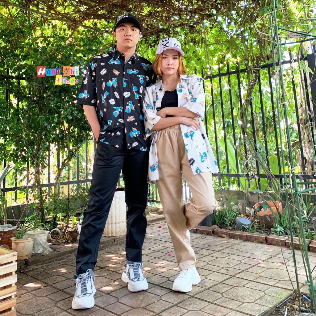 Áo Sơ Mi Hoạ Tiết Khủng Long Tay Lỡ Dáng Rộng Ulzzang Unisex, Sơ Mi Đi Biển - MM