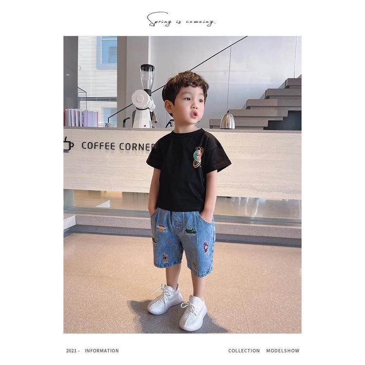 [Hàng Mới Về] Quần Short Jeans Dáng Rộng Thêu Hình Khủng Long Phong Cách Hàn Quốc Dễ Phối Đồ Thời Trang Xuân Hè Cho Bé Trai 5 Tuổi
