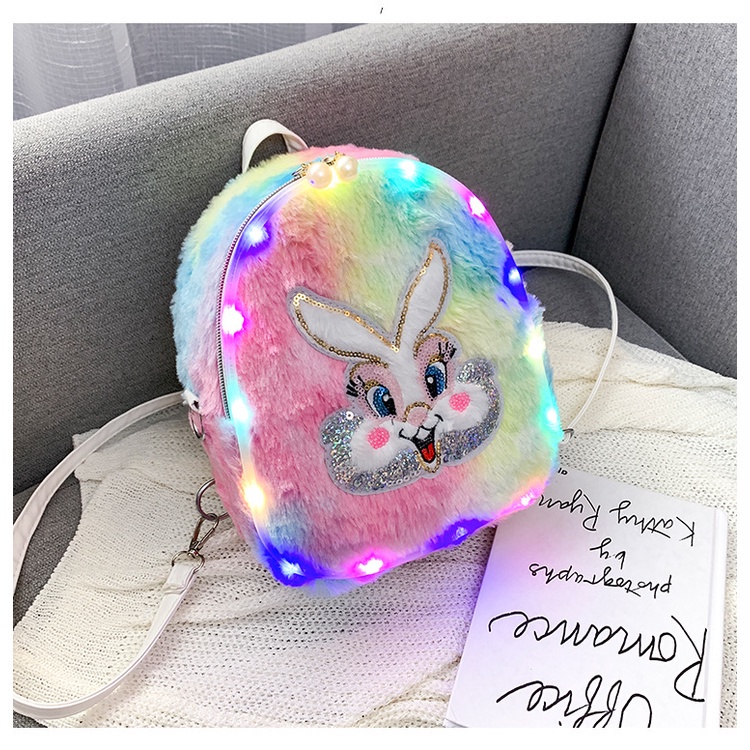 Ba lô lông nhung hình kỳ lân tai thỏ dễ thương cho bé gái