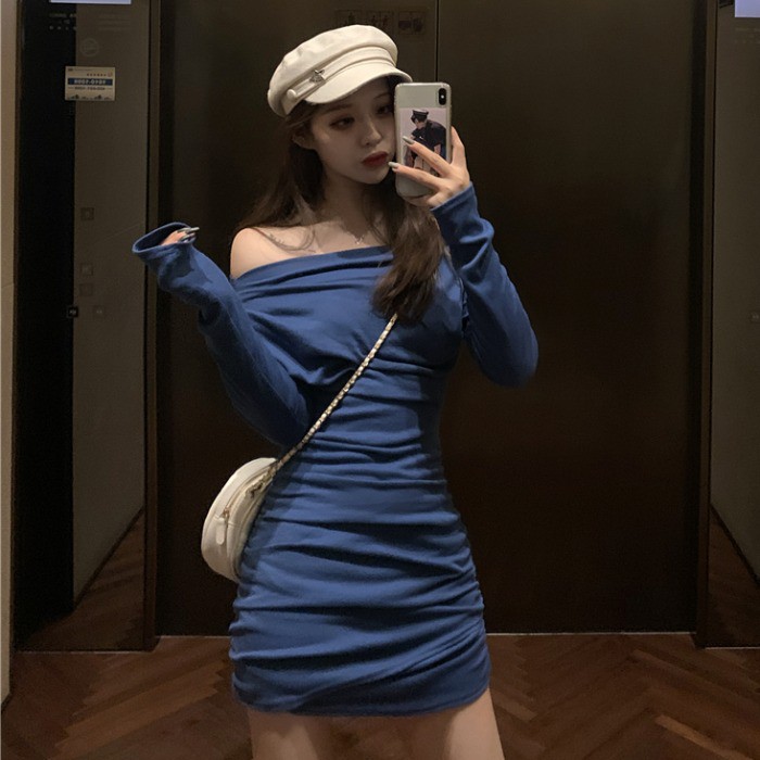 (ORDER) Váy thun nhăn dài tay trễ vai ôm body gợi cảm cá tính style Hàn Quốc