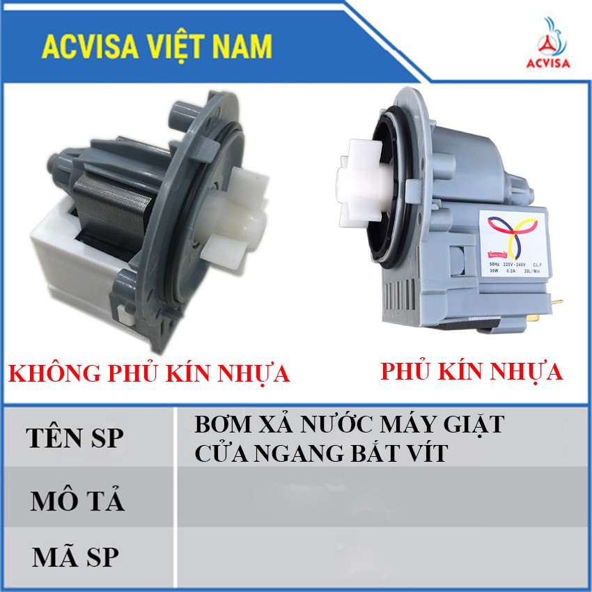 Bơm Xả Nước Máy Giặt Cửa Ngang Bắt Vít Có Nhựa Phủ Kín và Nhựa Không Phủ Kín