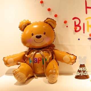 Bóng nhôm 4D hình chú gấu nâu happy, love tình yêu trang trí tiệc, sinh nhật