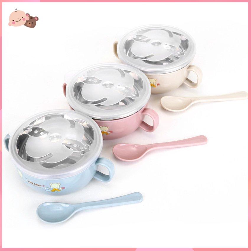 Bát ăn dặm hai quai bằng thép không gỉ có nắp đậy và thìa an toàn cho bé