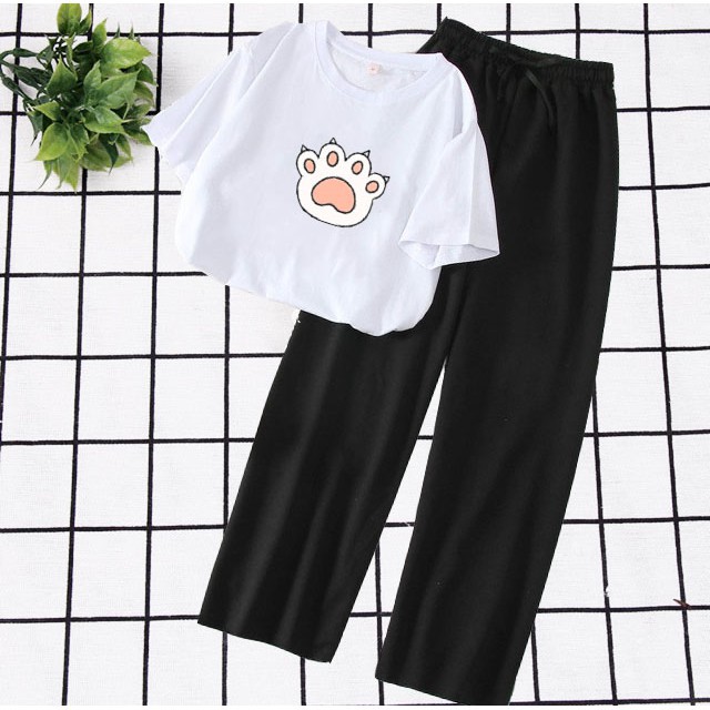 Sét Bộ Đồ Nữ Mặc Đi Chơi, Mặc Ở Nhà , Áo Thun Nữ In Chân Cún Mix Quần Thun Cát Ống Rộng Siêu Xinh