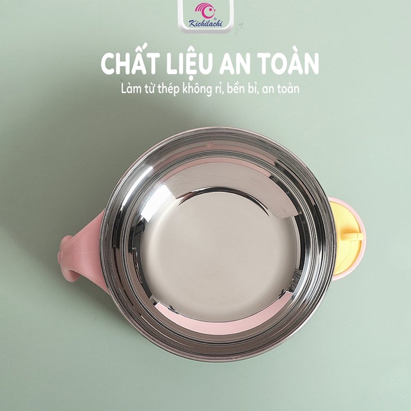 Bát Ăn Dặm M7739 Giữ Nhiệt Kichilachi, Bát Inox 2 Lớp Chống Nóng Cho Bé