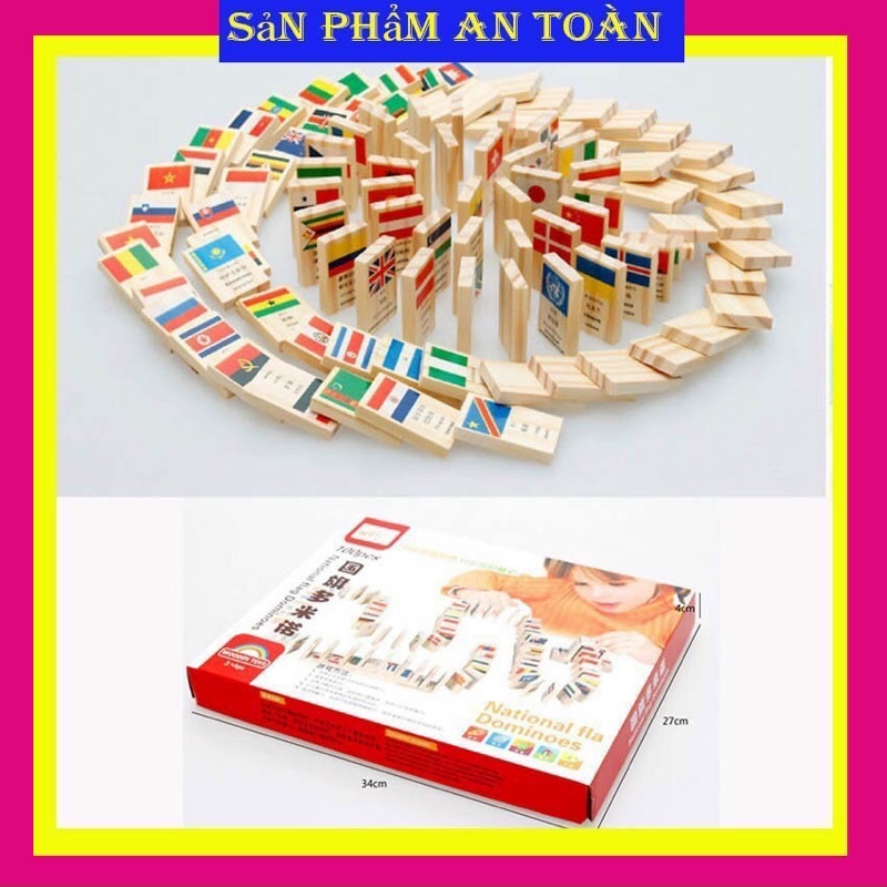 Đômino gỗ 100 thanh in quốc kỳ các nước kèm Tiếng Anh và Tiếng Trung