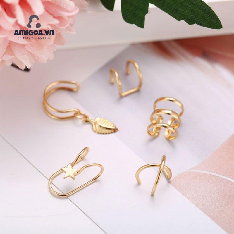 Set 5 Khuyên Tai Kẹp Chữ U Hai Lớp Sáng Tạo Không Xỏ Lỗ Tai