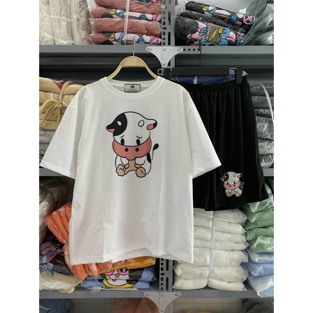 Bộ mặc nhà nữ in hoạt hình con bò,FREE SHIP, siêu dễ thương chất co giãn coto thấm hút mồ hôi tốt