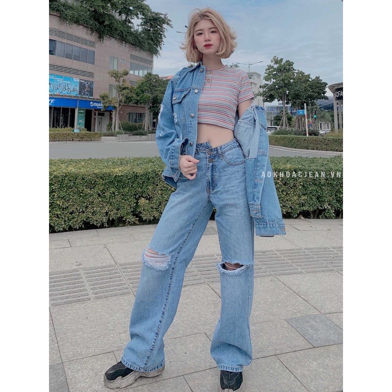 Áo khoác jean,bò nữ Rách oversize unisex có 6 túi có túi trong dành cho nam nữ hàng cao cấp