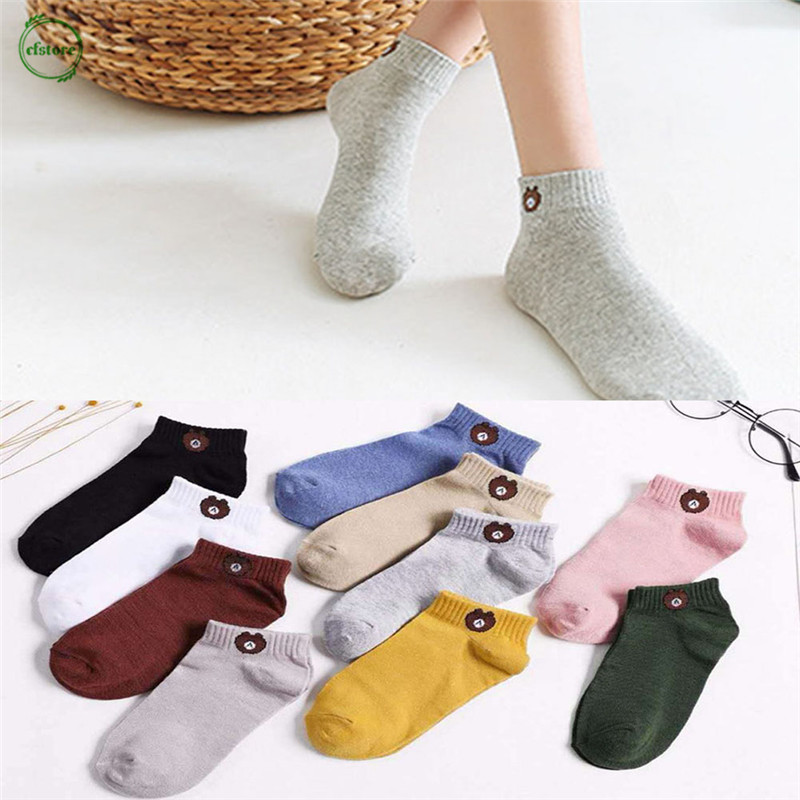 Vớ cotton màu trơn thiết kế trong suốt in họa tiết chú gấu cho nam và nữ