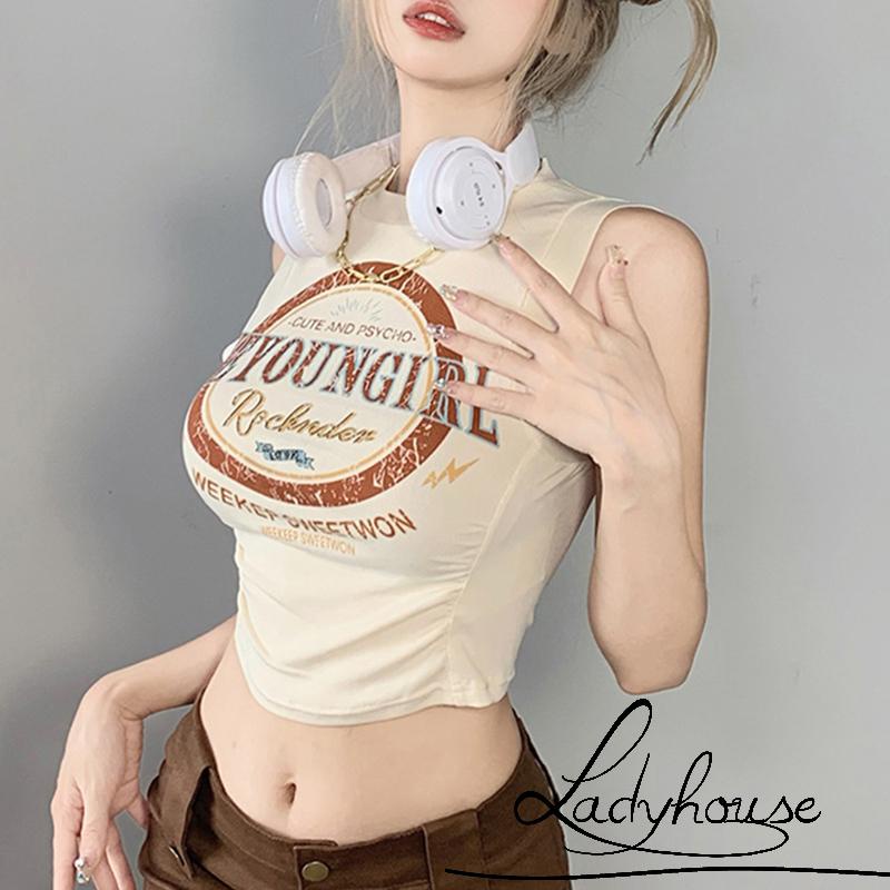 Áo Croptop Cổ Tròn Không Tay In Chữ Màu Sắc Tương Phản Dành Cho Nữ