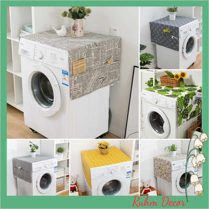 Khăn phủ máy giặt lồng ngang Ruhm Decor vải bố linen chạy pompom trắng cực yêu, kích thước 55 x 130 cm