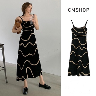 (On Hand) Đầm Maxi Dệt Kim Hai Dây Dáng Chữ A Màu Đen In Họa Tiết Đường Kẻ Không Đối Xứng