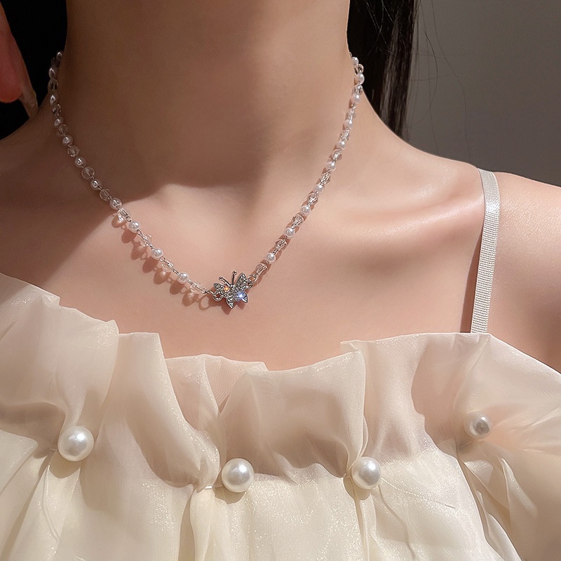 vòng cổ Mặt Hình Bướm Đính Đá Và Ngọc Trai Sang Trọng Cho Nữ