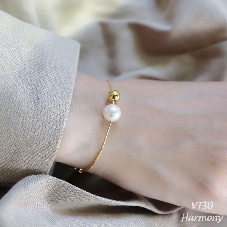 Lắc tay bạc nữ mạ vàng ngọc trai nhân tạo bi tròn basic | HARMONY ACCESSORIES VT30