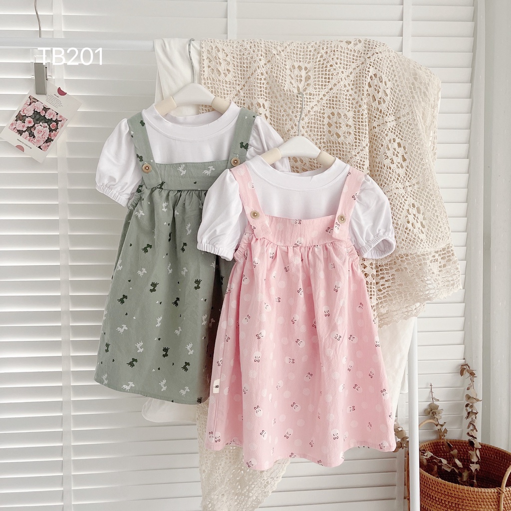 Váy Yếm Hoa Cho Bé Gái, Sét Yếm Hoa Nhí Kèm Áo Thun Trắng Vintage Cho Bé