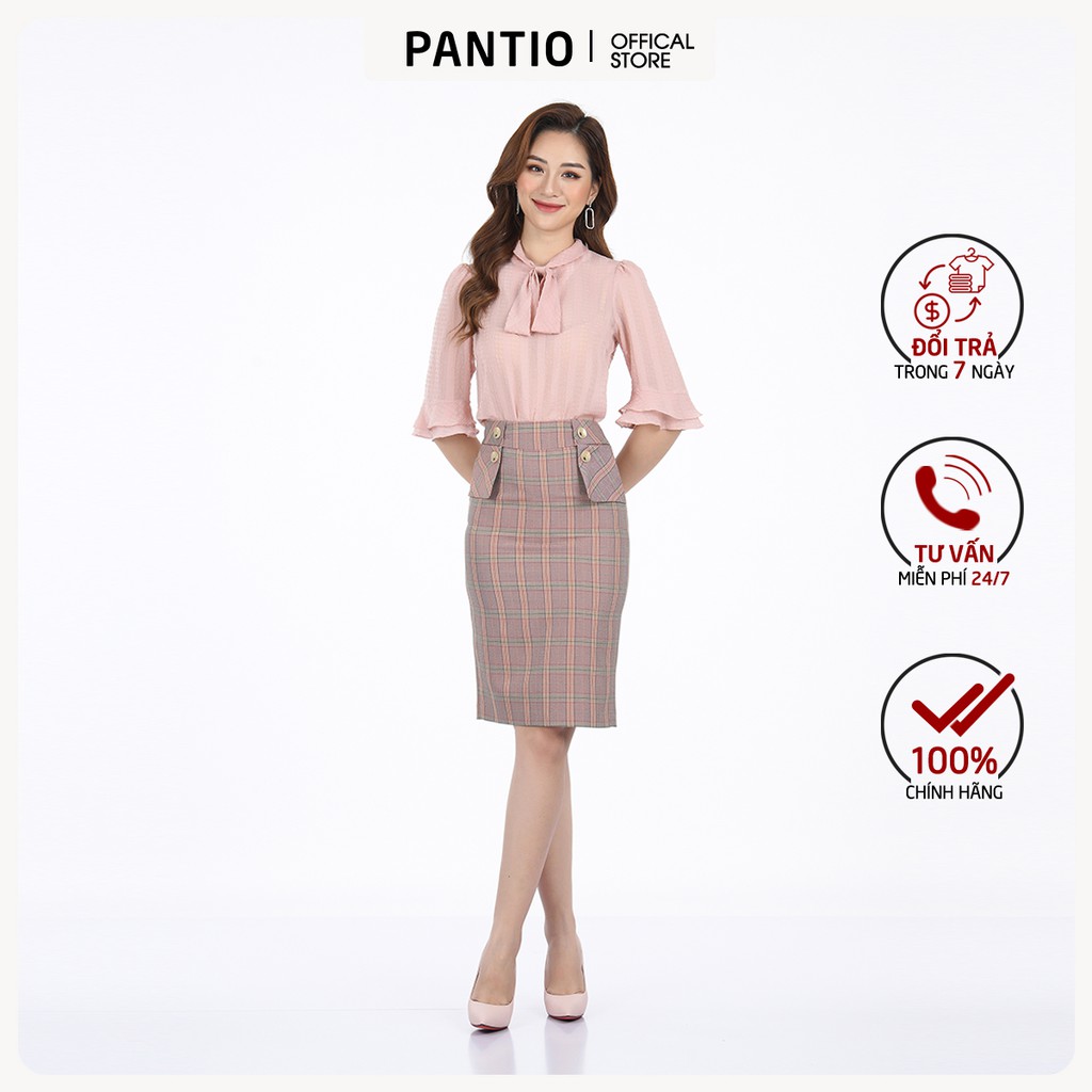 Chân váy dài chất liệu vải tuytsi dáng ôm đính cúc hoạ tiết sọc caro FJD5814 - PANTIO