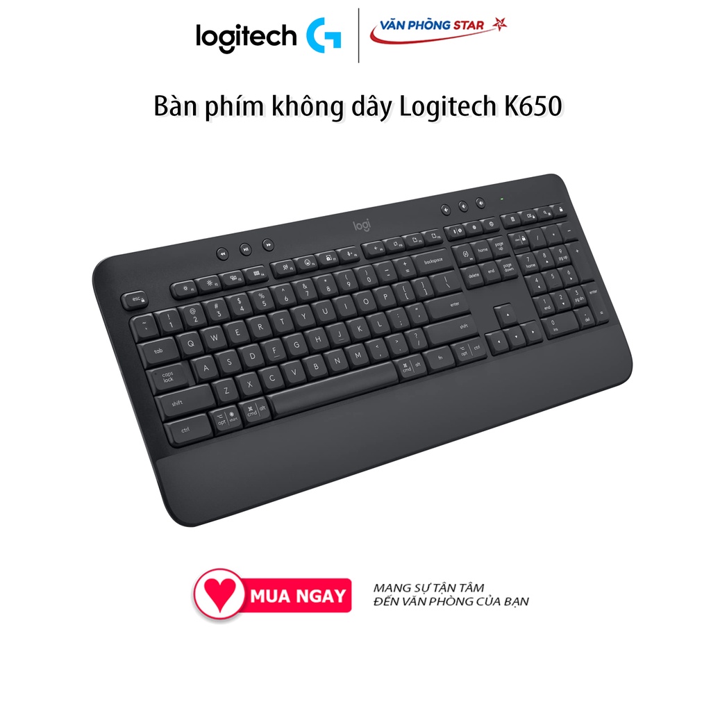 Bàn phím không dây Logitech K650 (920-010987), kết nối Bluetooth 5.1 / Wireless 2.4Ghz, kích thước Full size, kê tay