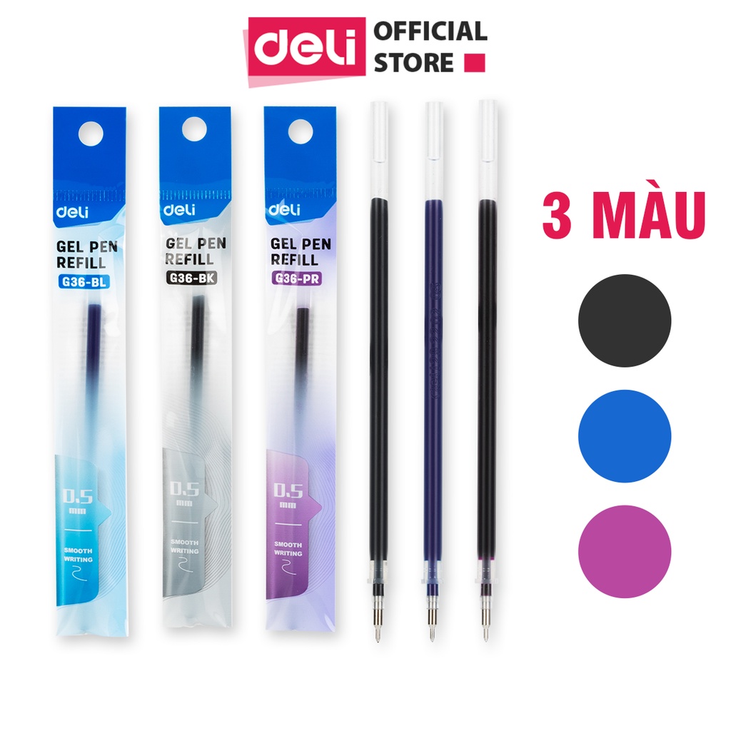 Ruột bút Gel Deli - 3 màu Xanh, Đen, Tím - 1 Chiếc - Ngòi 0.5mm - Hình One Piece, Super Wings, mực trơn đều, khô nhanh