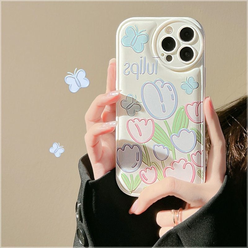 Ốp Điện Thoại Hình Hoa Tulip Và Bướm Cho iPhone 12 13 11 Pro Max X Xs Max Xr