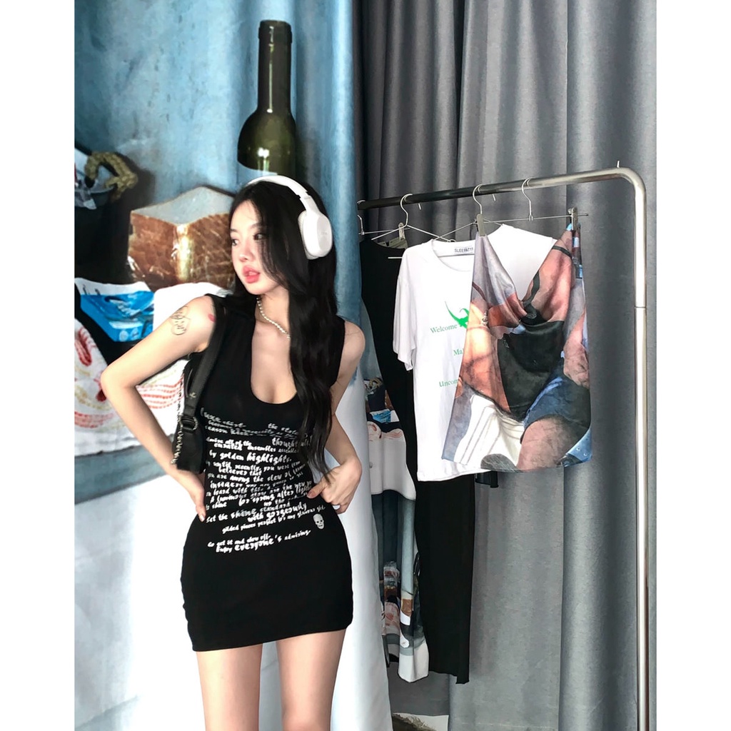 Đầm Ngắn Không Tay Ôm Dáng Màu Đen Ngọt Ngào Mùa Hè Phong Cách Hồng Kông Cá Tính Cho Nữ