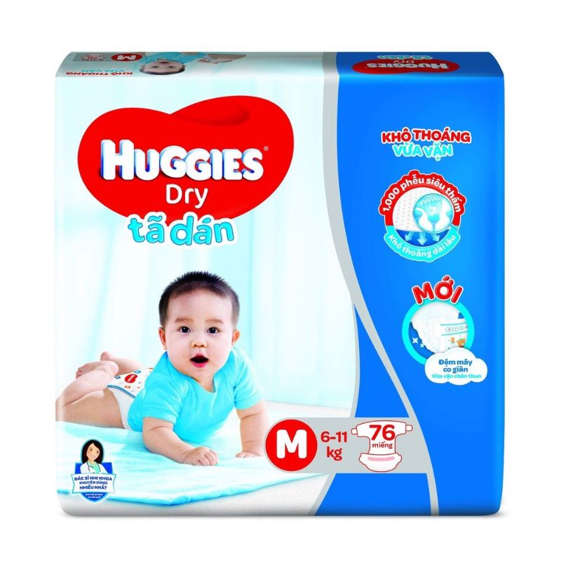 Tã dán Huggies Dry M76, L68, XL62 bọc kén con tằm