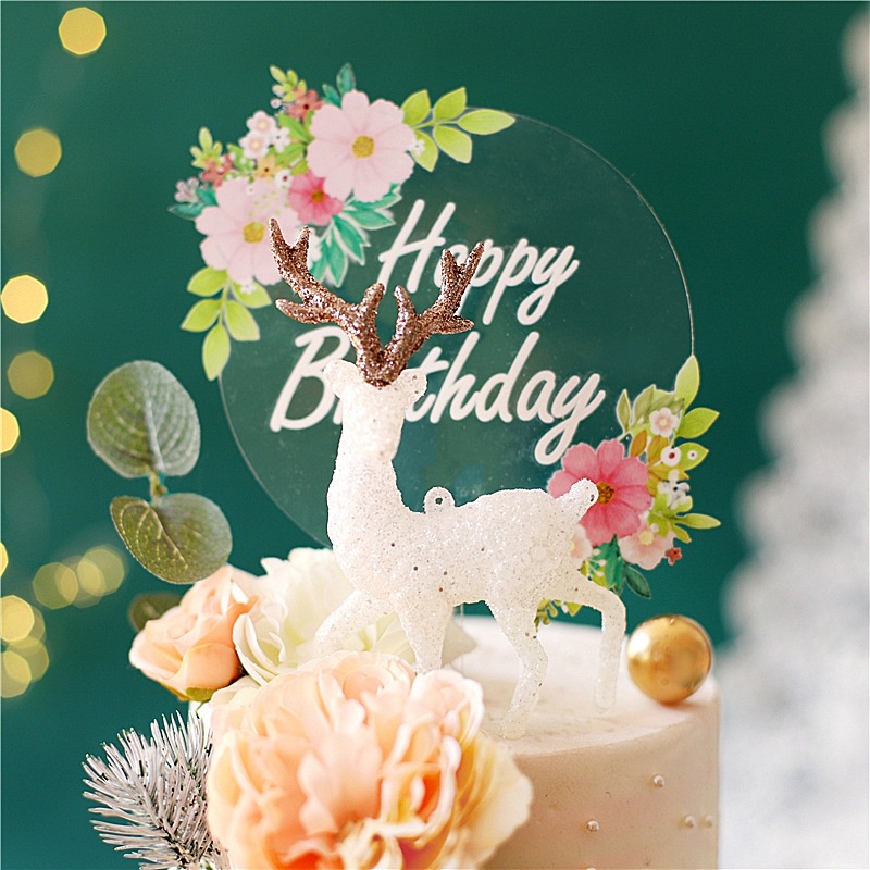 Phụ Kiện Trang Trí Bánh Sinh Nhật Bằng Acrylic Họa Tiết Hươu Và Hoa Nhiều Màu Sắc