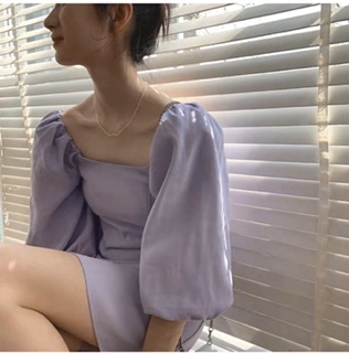 ĐẦM TÍM CỔ VUÔNG TAY PHỒNG (KÈM HÌNH THẬT)