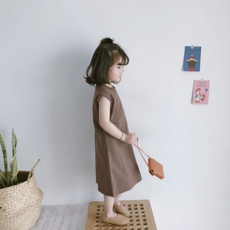 Đầm trẻ em bé gái dáng suông kiểu Hàn Quốc màu cà phê cho bé từ 1 đến 12 tuổi
