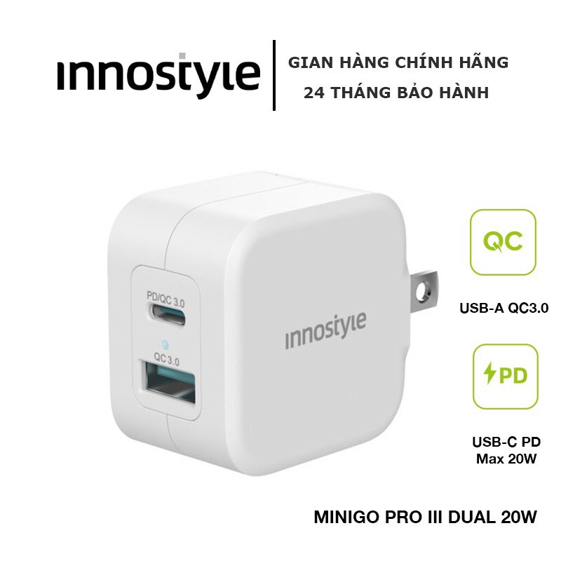 Củ Sạc Nhanh Innostyle Minigo Pro III Dual PD/QC3.0 - IC-2PDWHI - Hàng Chính Hãng