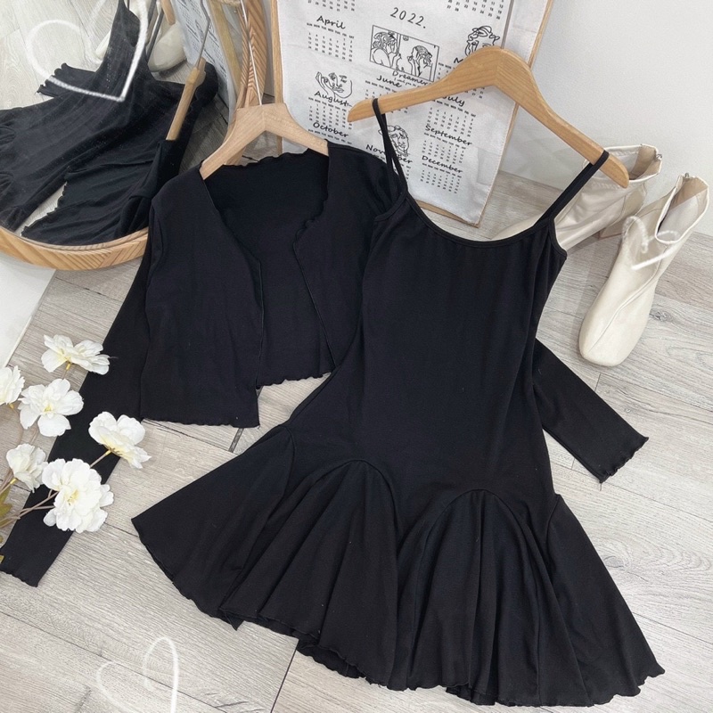 SET ĐẦM GÂN 2 DÂY ĐUÔI CÁ + ÁO KHOÁC GÂN NÚT