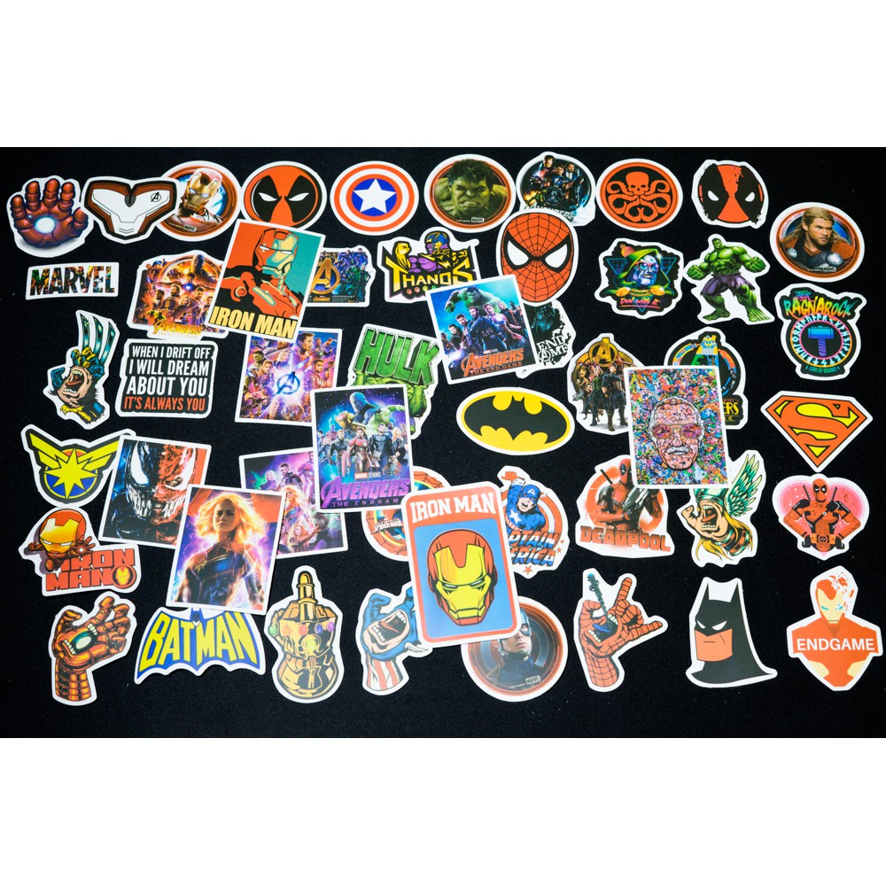 Bộ miếng dán sticker, stickers cao cấp chủ đề Deadpool, Spiderman, Avengers trang trí Vali Laptop Mũ Bảo Hiểm Xe Máy Đàn