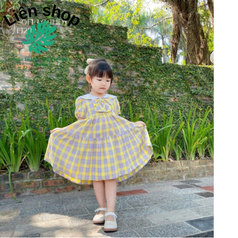Váy bé gái chất cotton, đầm bé gái size 1-12 tuổi, đầm trẻ em màu vàng kẻ