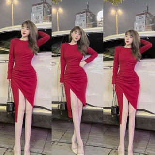 Đầm thun borip ôm body xẻ tà chéo nhún eo sang chảnh - dáng dài tay dài cổ tròn chất vãi đẹp