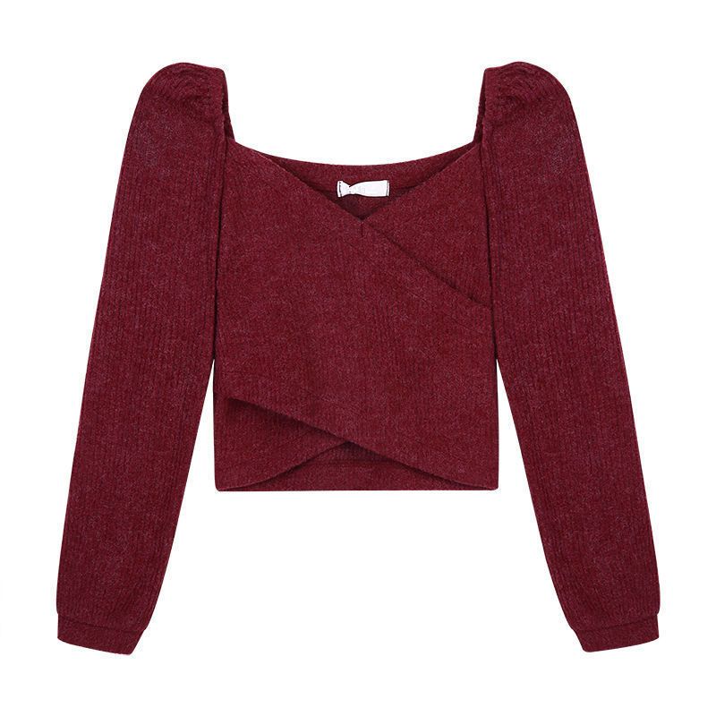Áo Dệt Kim Dày Dặn Cổ Chữ V Vạt Chéo Ngắn Màu Đỏ Thời Trang Thu Đông 2022 Cho Nữ