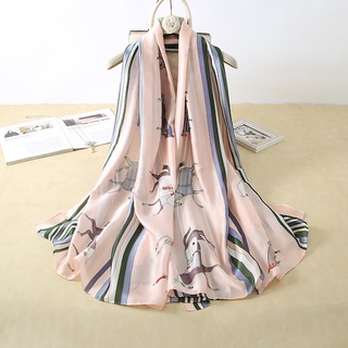 Khăn choàng lụa dài bốn mùa họa tiết ngựa xám nền hồng size 90*180cm