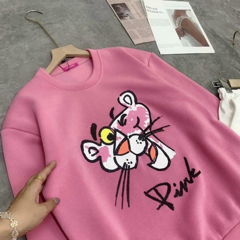 Áo Sweater Nỉ Nữ Cổ Tròn In Hình Báo Hồng, Áo Ấm Thu Đông Chất Nỉ Mềm Mịn