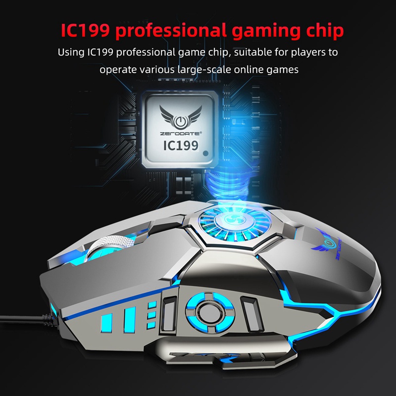 ZERODATE G22 Wired Mouse, 6400DPI Computer Gaming Mouse Macro Programming RGB Illuminated Gaming Mouse with Built-in Fan Gray