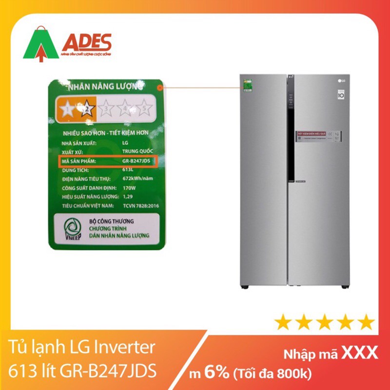 [Mã 154ELSALE2 giảm 7% đơn 300K] Tủ lạnh LG Inverter 613 lít GR-B247JDS - Giá chưa bao gồm VẬN CHUYỂN NỘI THÀNH