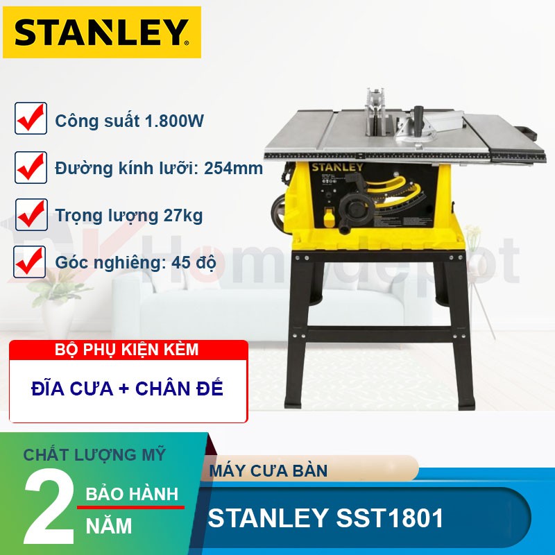 CHÍNH HÃNG - Máy cưa bàn sử dụng đĩa 255mm 1800W Stanley SST1801 có chân đế
