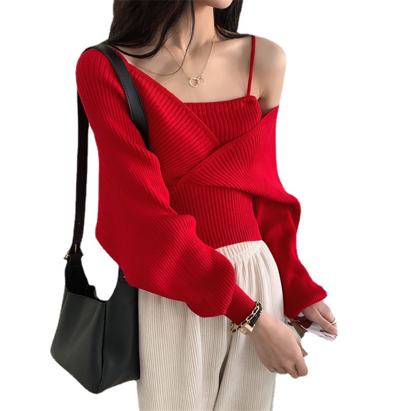 Áo Len Tay Bồng Màu Trắng Đen Hồng Đỏ Dài Tay Hở Trễ Vai, Áo Len Thu Đông Dài Tay Phong Cách Hàn Quốc