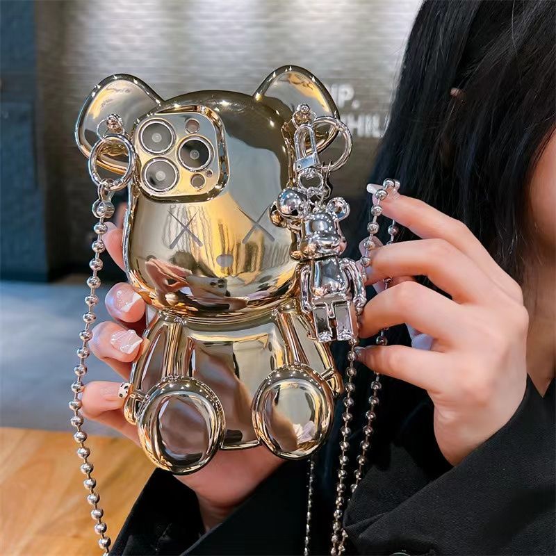 Ốp Điện Thoại Chống Sốc Chống Mòn Hình Gấu Kaws Mạ Điện Gắn Búp Bê + Dây Đeo Cho iPhone13 11 xsmax x / xr 12pro 2022