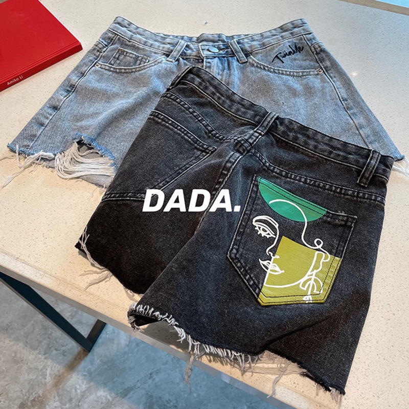 Quần đùi denim RENJIANVSHENG thiết kế rách màu sắc tương phản thời trang cá tính dành cho nữ