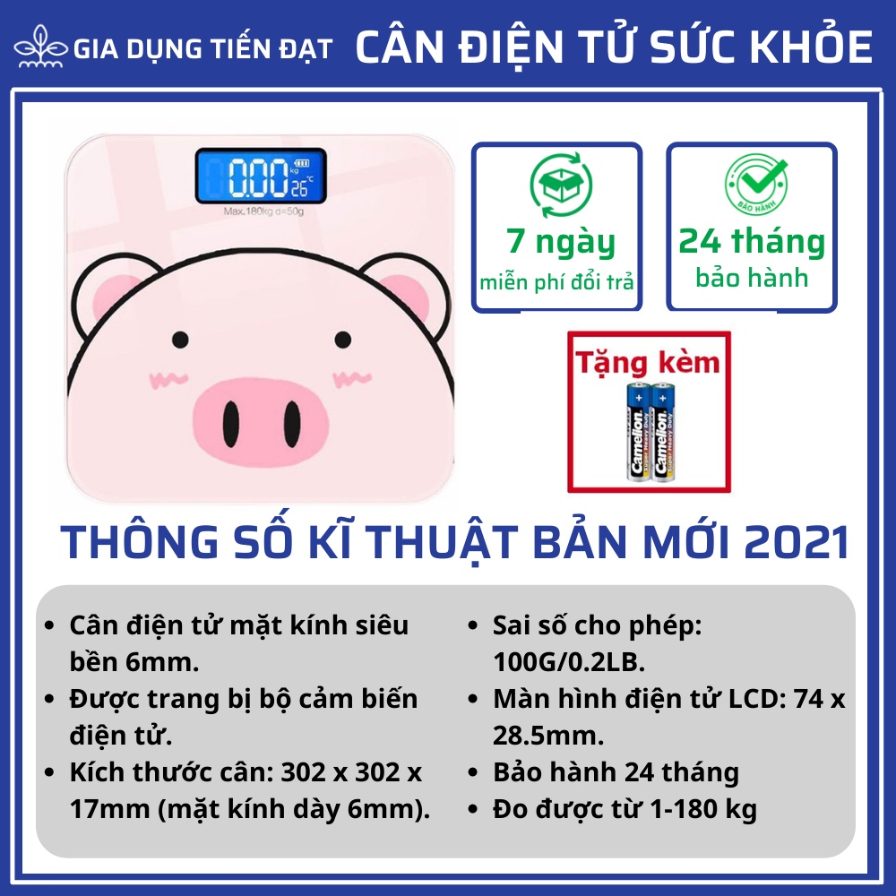 Cân Điện tử Sức Khoẻ Heo Hồng, Pin Tiểu, Kính Cường Lực, Màn Hình Số Kèm Đo Nhiệt Độ Phòng