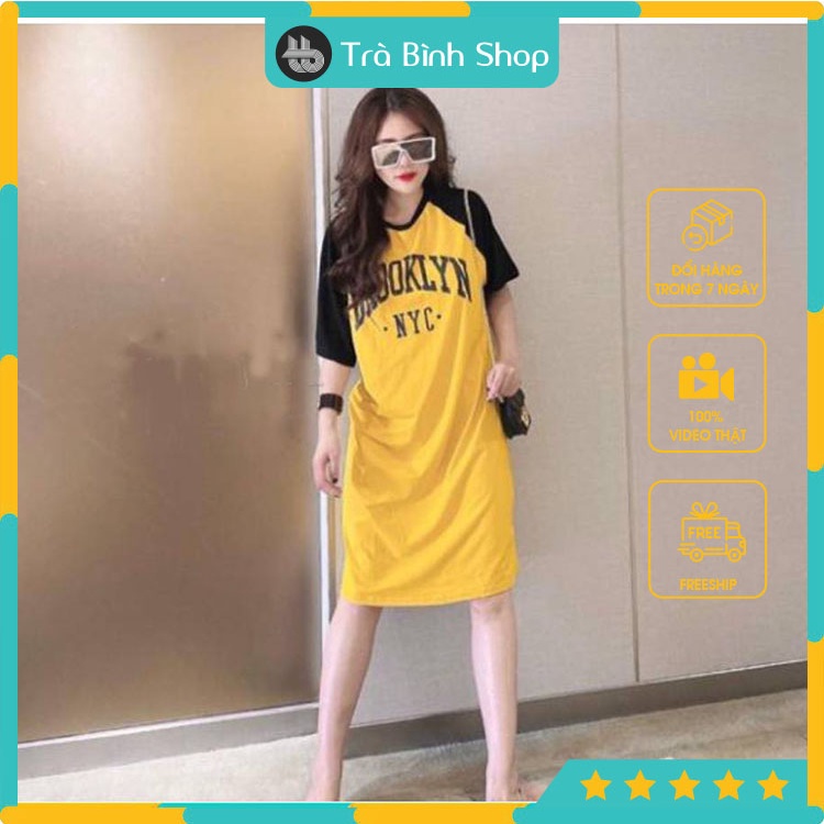 Đầm Dáng Suông Váy Dáng Dài Tay Lỡ Tay Phối Viền Đen Họa Tiết Chữ NYC Chất Thun Cotton Hàng VNXK