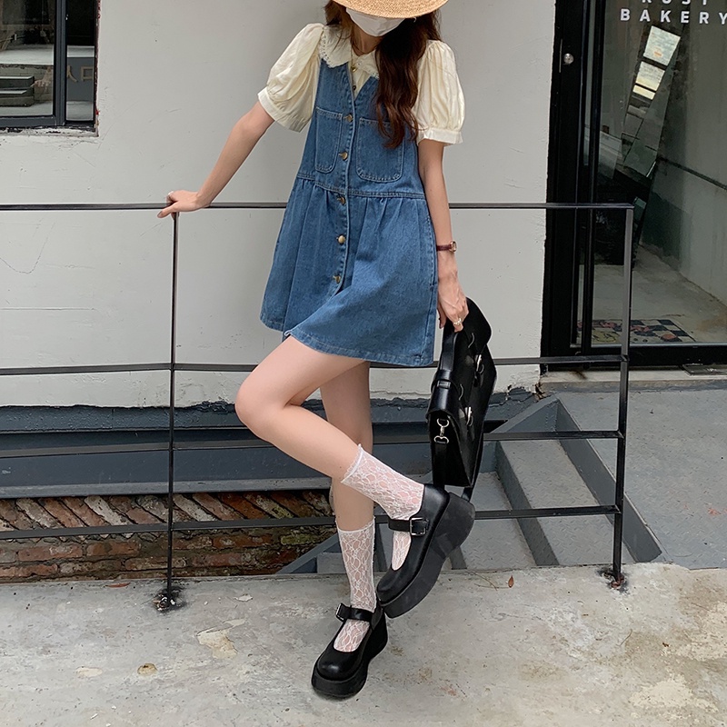 Đầm Denim Sát Nách Cổ Chữ V Dáng Chữ A Phong Cách Retro Mới 44819