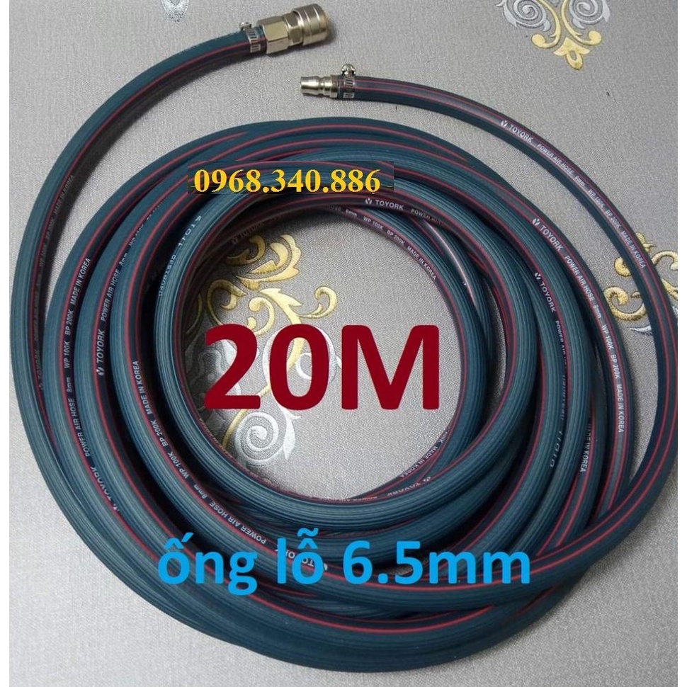 Dây hơi cao su bố vải 20m, made in Korea, lỗ 6.5mm, kèm bộ đầu nối nhanh cao cấp (SS6704) (SS1967)