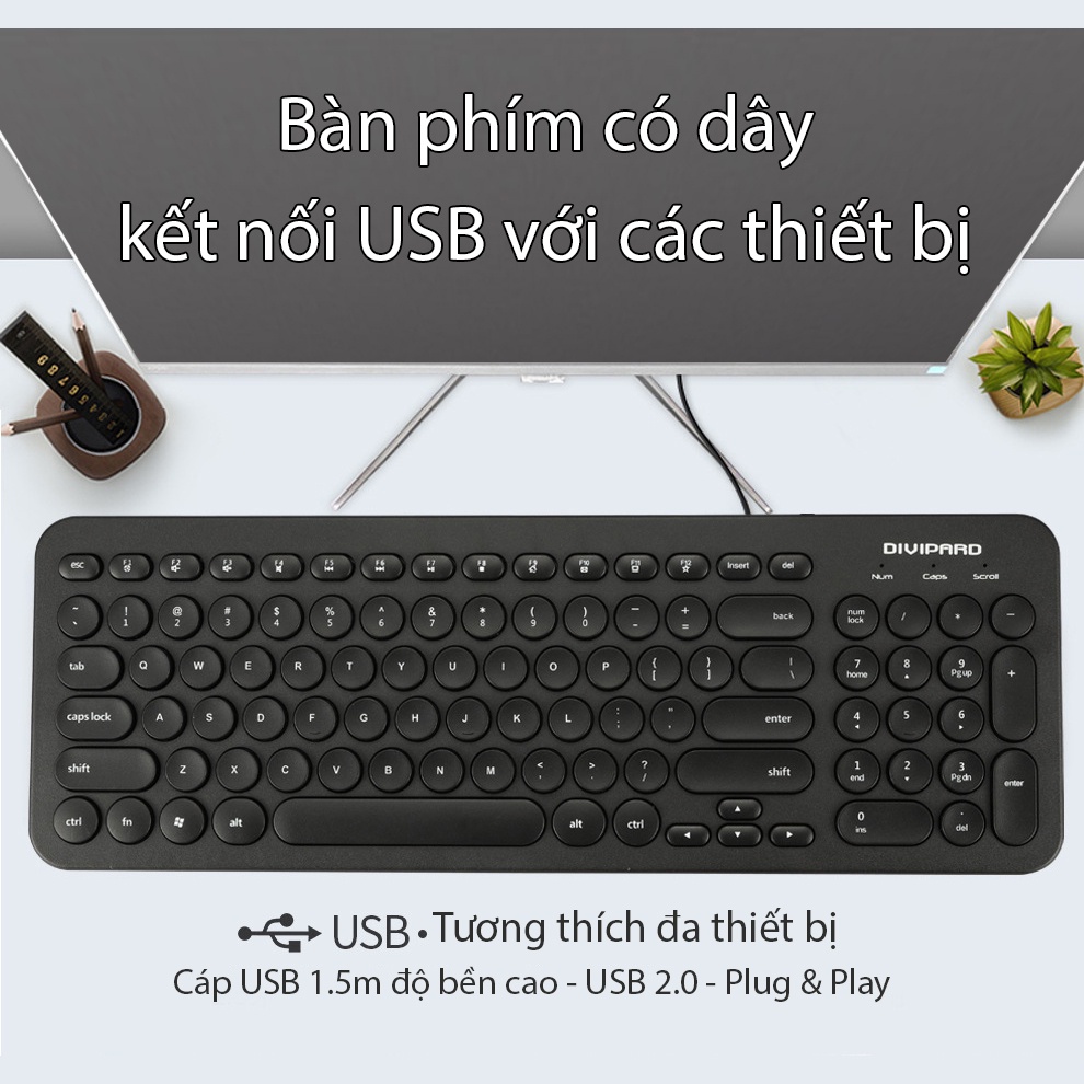 Bàn phím máy tính Coputa bàn phím văn phòng có dây phím tròn nhiều màu D520