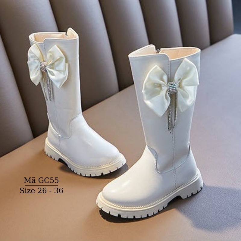 Boot bé gái - Giày bốt cổ cao cho bé 3 đến 12 tuổi thời trang da cao cấp dáng dài 2 màu trắng đen cá tính GC55